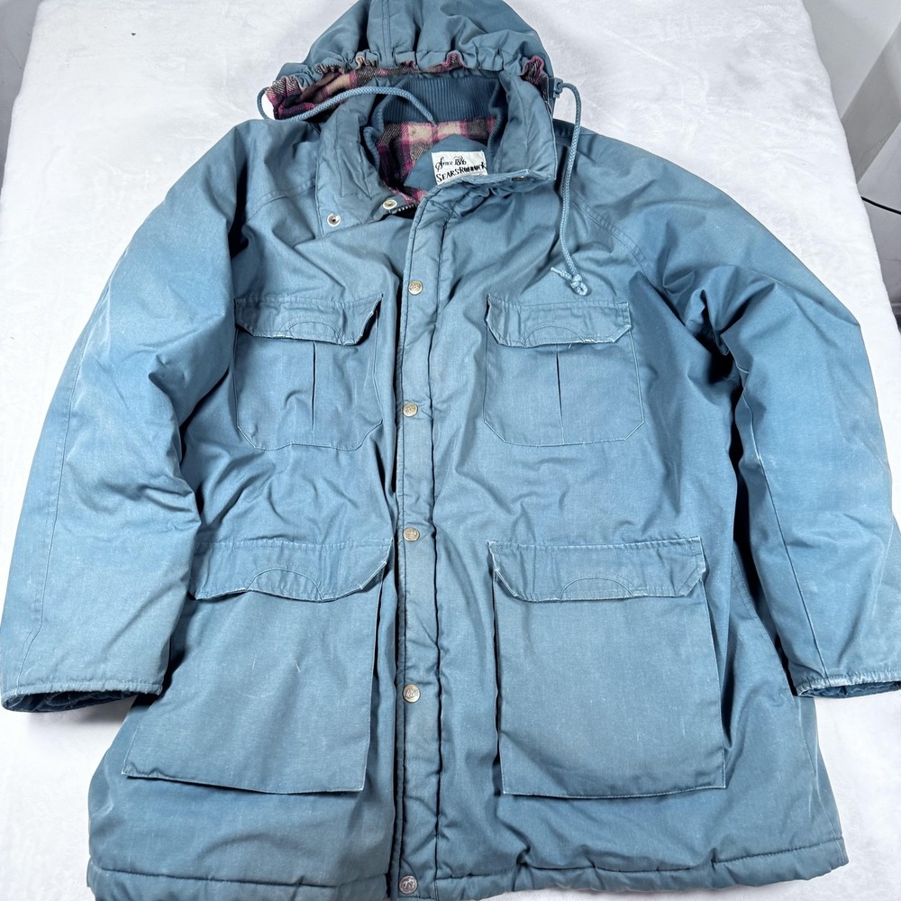 Vintage Sears Roebuck Jacket Mens 42 Green Wool Plaid Lined Hooded Parka 70s